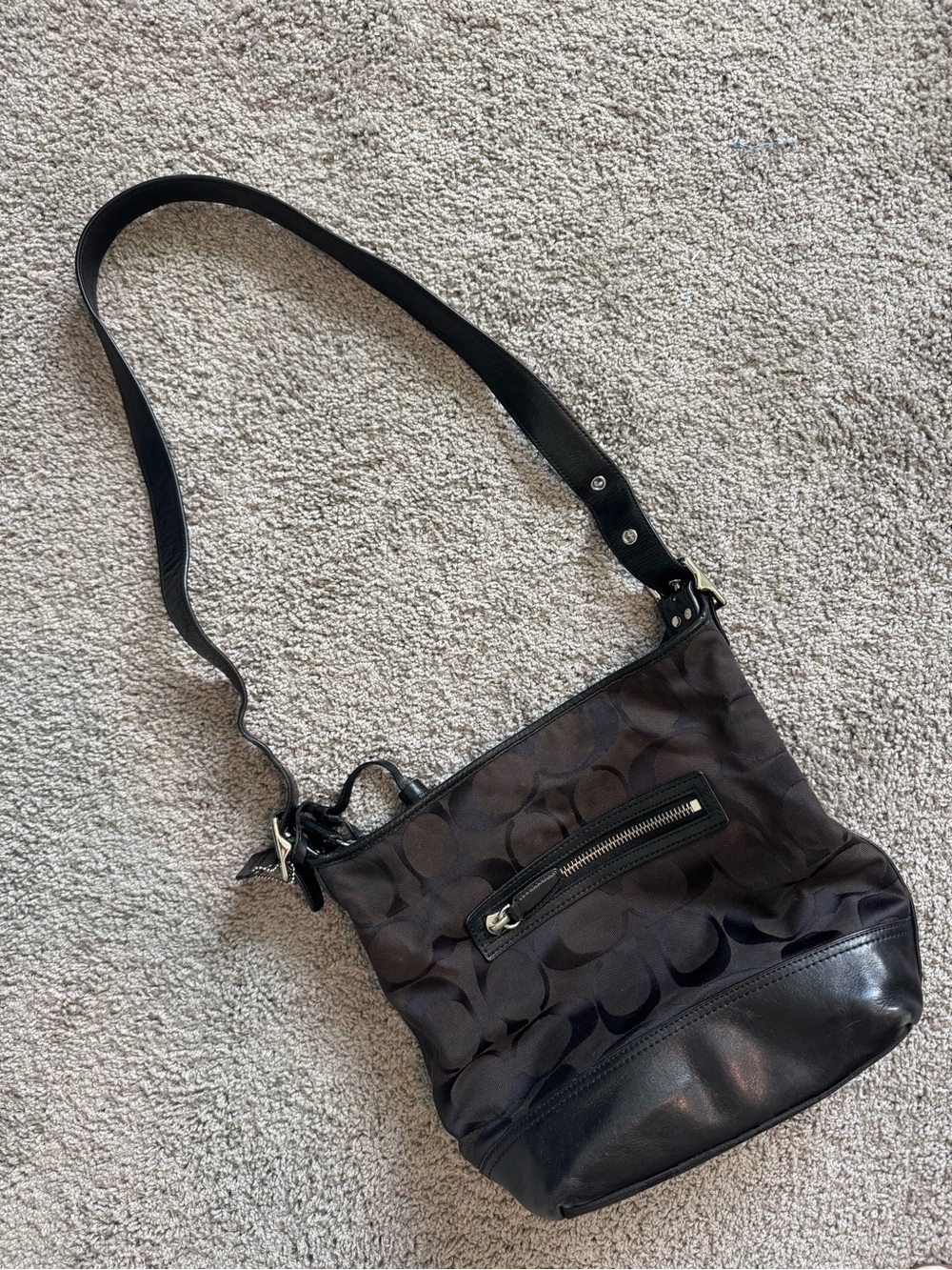 Black Coach Signature Jacquard Fabric Shoulder Bag Leather Strap F1271-21149